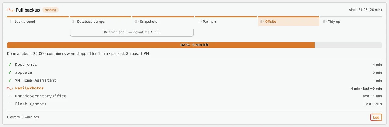 A full backup running: its steps, 82 %, 5 minutes left