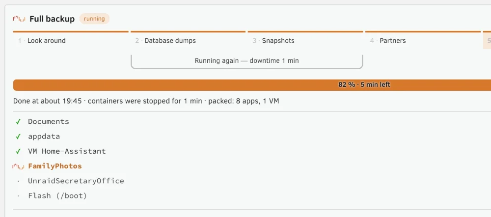 Mr. Backupsy: a full backup running, 82 %, 5 minutes left