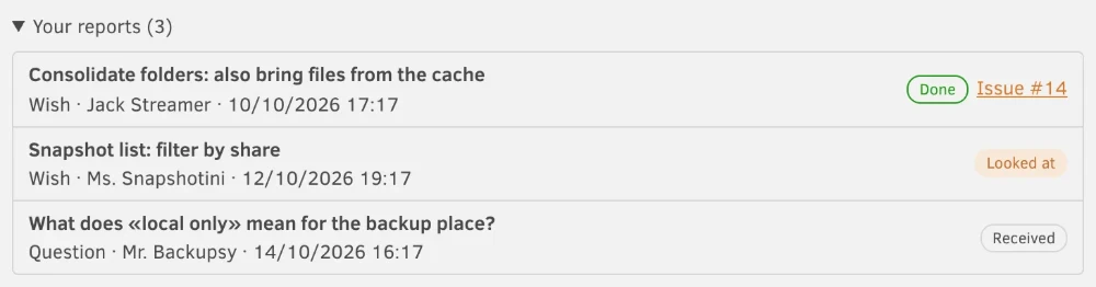 Your reports: one wish done, one looked at, a question received