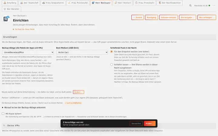 Das Einrichten von Herrn Backupsi im Browser, mit seinen Vorschlägen