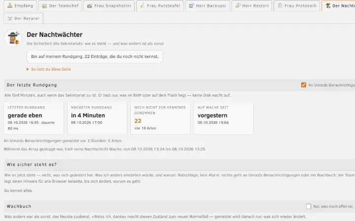 Die Seite des Nachtwächters: seine letzte Runde, wie sicher der Server steht, und der Kopf seines Wachbuchs