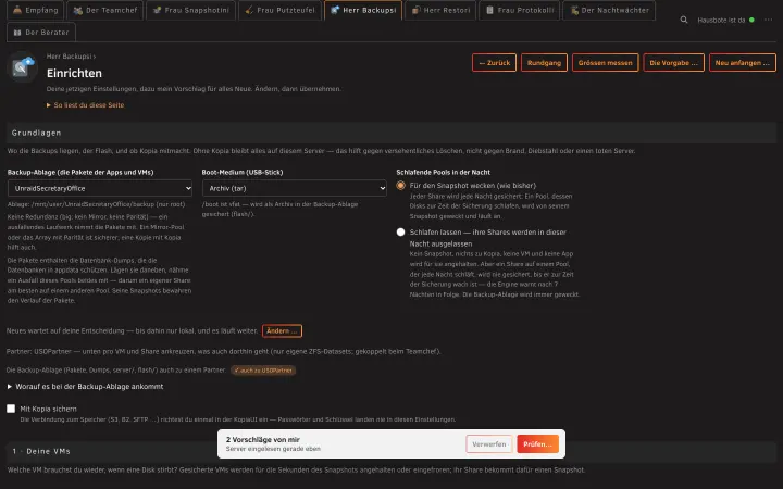 Das Einrichten von Herrn Backupsi im Browser, mit seinen Vorschlägen