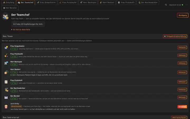 Die Seite des Teamchefs: Noch zu tun, Empfohlen und Gut zu wissen