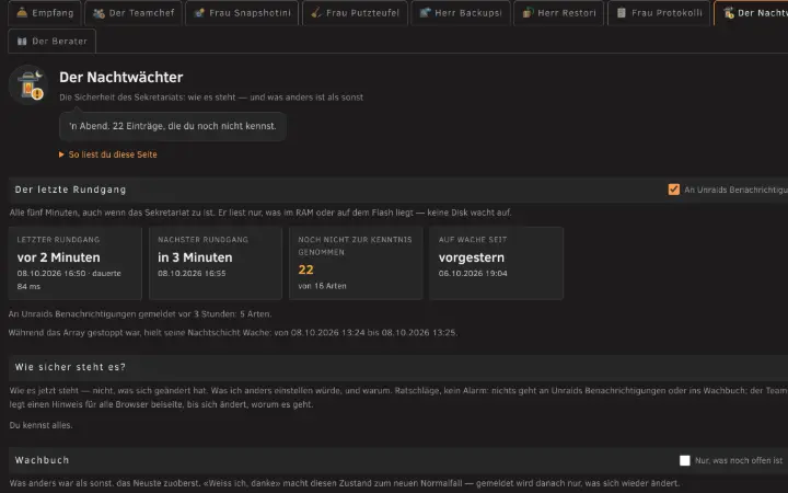 Die Seite des Nachtwächters: seine letzte Runde, wie sicher der Server steht, und der Kopf seines Wachbuchs