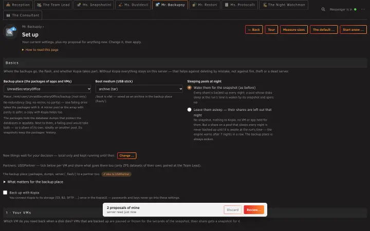 Mr. Backupsy’s setup in the browser with his proposals